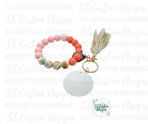 Springy Pink Silicone Bead Bracelet Keychain w/ Aluminum Disc