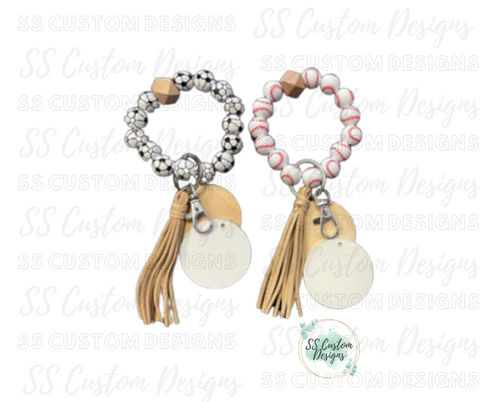 Sports Wood Bead Bracelet Keychain w/ Aluminum Disc